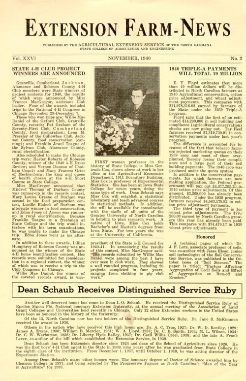 Artículo sobre Gertrude Cox, Extension Farm News, noviembre 1940