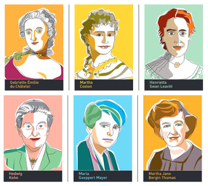Madame de Châtelet, Martha Coston, Henrietta Swan, LeavittHedwig Kohn, Maria Goppert Mayer, Martha Jane Berghin Thomas