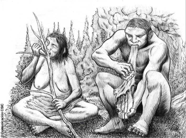 Recreación de dos neandertales ayudándose de la boca para realizar tareas cotidianas (Comunicación CSIC).