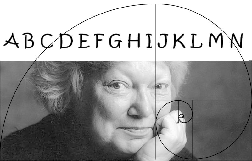 Imagen realizada a partir de la fotografía de Rigmor Mydtskov, las letras del alfabeto de la A a la N y la espiral de Fibonacci.