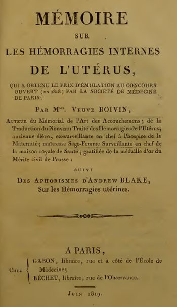 Mémoire sur les hémorragies internes de l'utérus (1819).