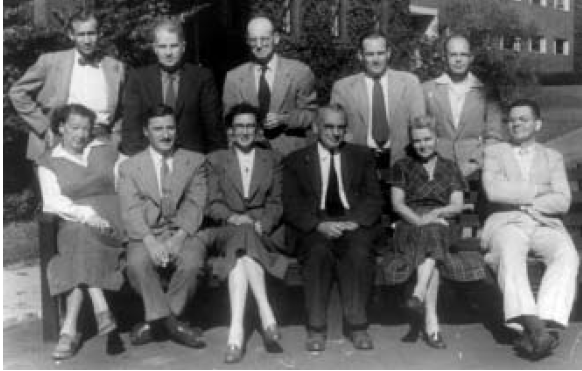 Tilly Edinger and colleagues at the Museum of Comparative Zoology. Sitting left to right: Tilly Edinger, Harry B. Whittington, Ruth Norton, Alfred S. Romer, Nelda Wright, and Richard van Frank. Standing left to right: Arnold D. Lewis, Ernest E.Williams, Bryan Patterson, Stanley J. Olsen, and Donald Baird. (Photo: David Roberts, from Buchholtz, 2001)