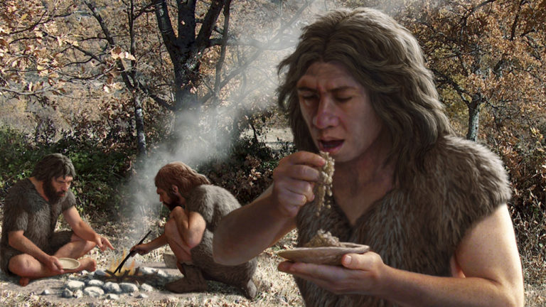Neanderthals cooking vegetables, artwork
