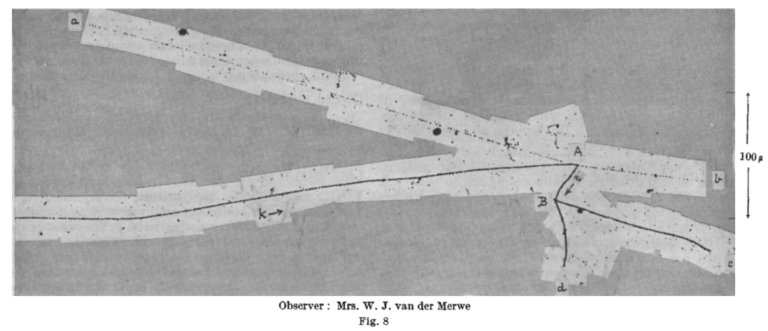 The__k_track_plate__showing_three-pion_decay_mode_of_a_kaon,_15_Jan_1949